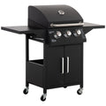 Outdoor 3 Burner Gas Grill Portable Barbecue w/ Wheels, Warming Rack, Shelves, Cabinet, Thermometer, Black
