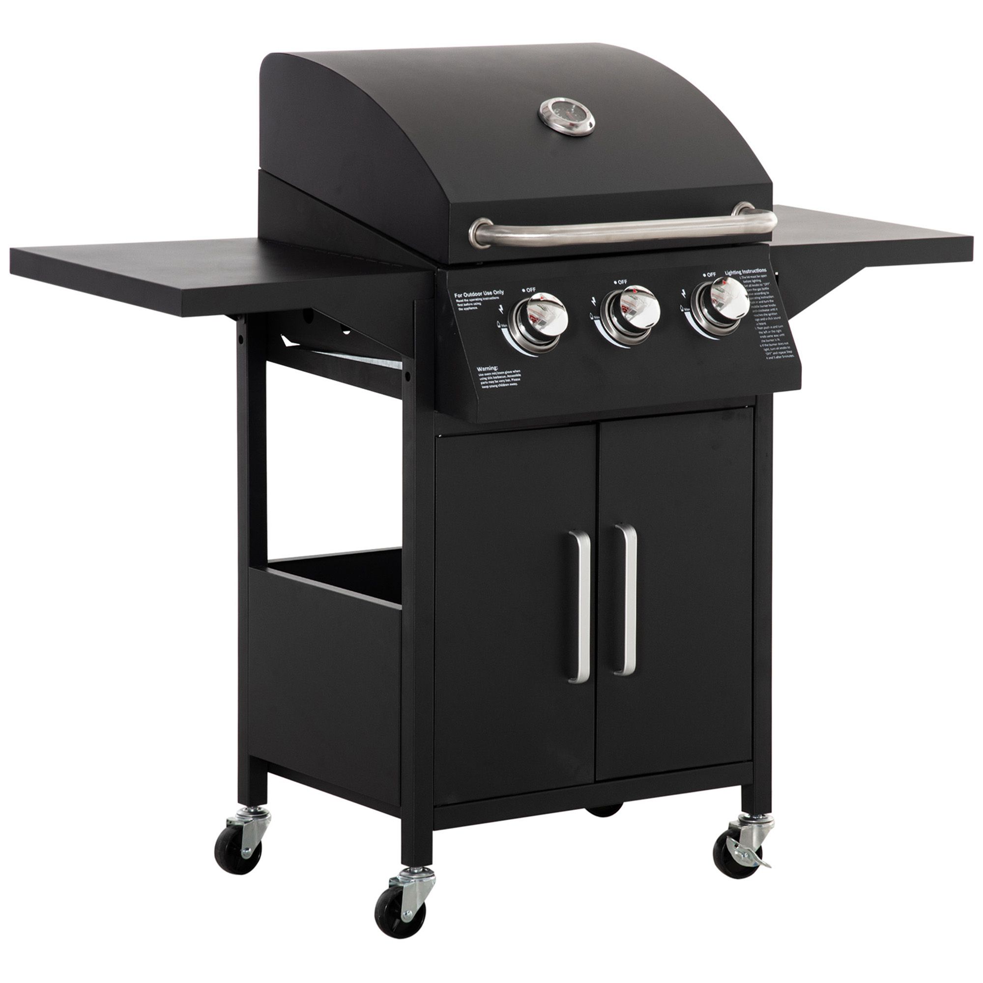Outdoor 3 Burner Gas Grill Portable Barbecue w/ Wheels, Warming Rack, Shelves, Cabinet, Thermometer, Black