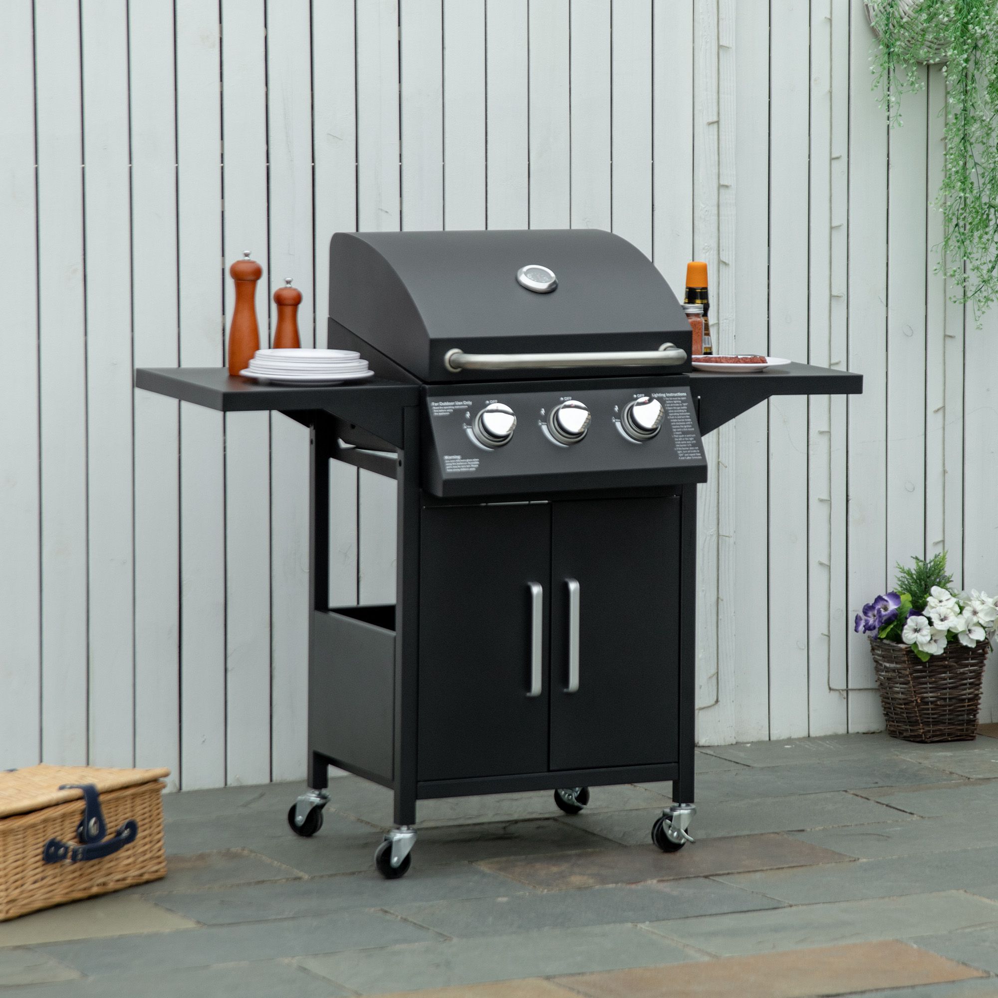 Outdoor 3 Burner Gas Grill Portable Barbecue w/ Wheels, Warming Rack, Shelves, Cabinet, Thermometer, Black