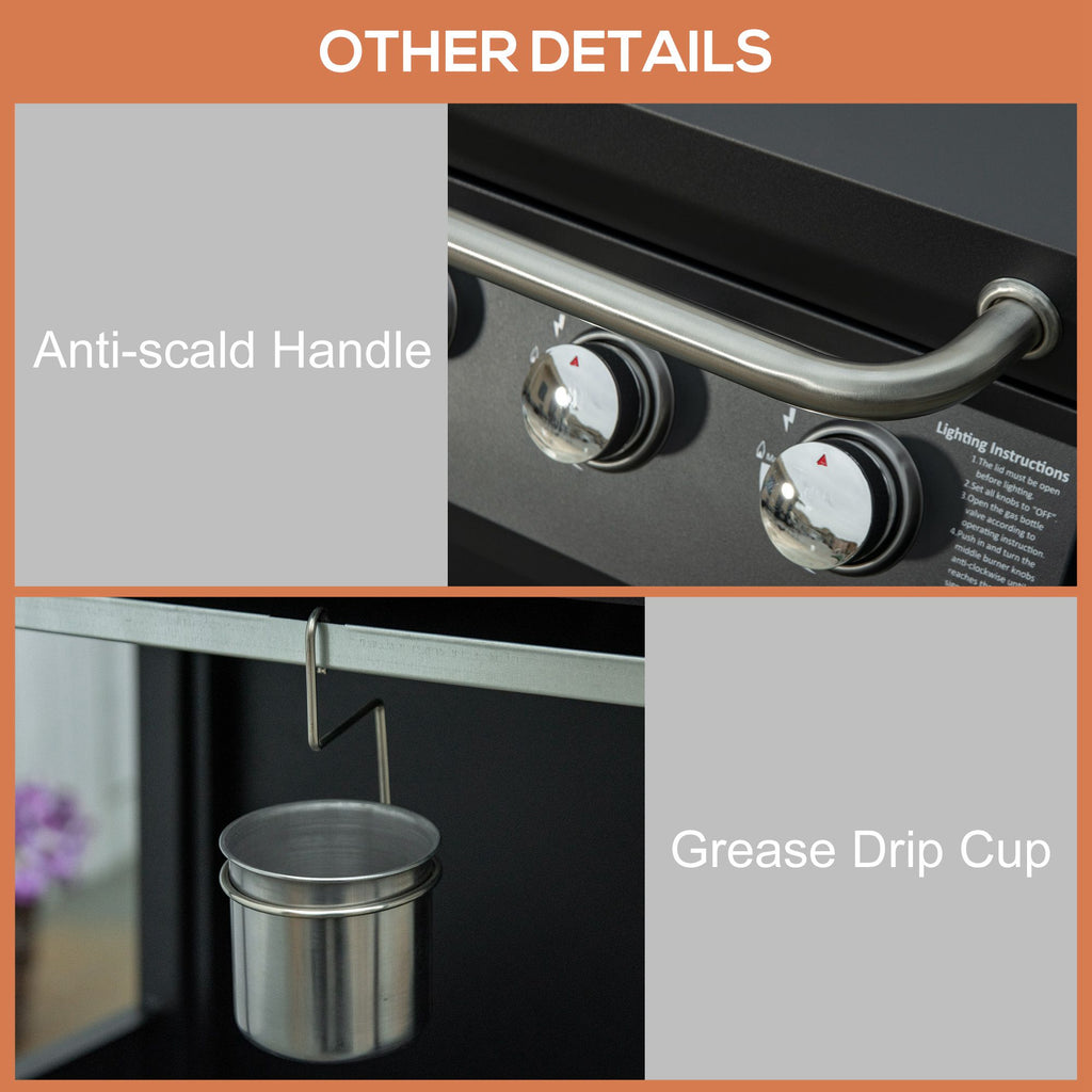 Outdoor 3 Burner Gas Grill Portable Barbecue w/ Wheels, Warming Rack, Shelves, Cabinet, Thermometer, Black