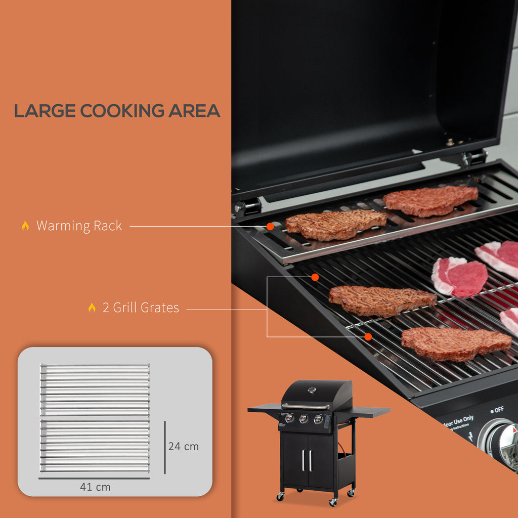 Outdoor 3 Burner Gas Grill Portable Barbecue w/ Wheels, Warming Rack, Shelves, Cabinet, Thermometer, Black